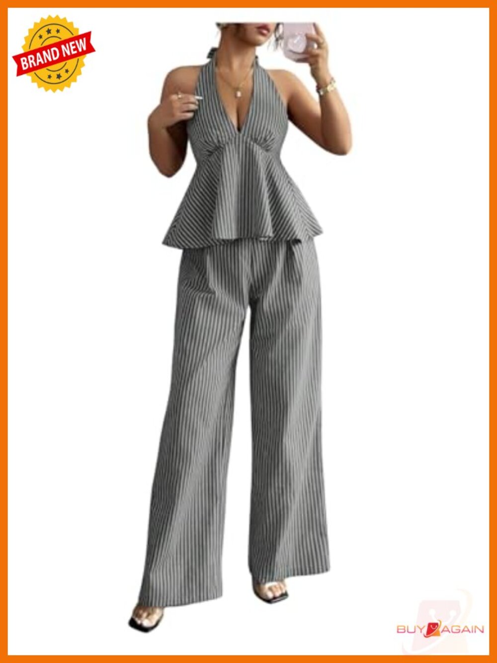 Striped Halter Peplum Top Wide Leg Pants Set